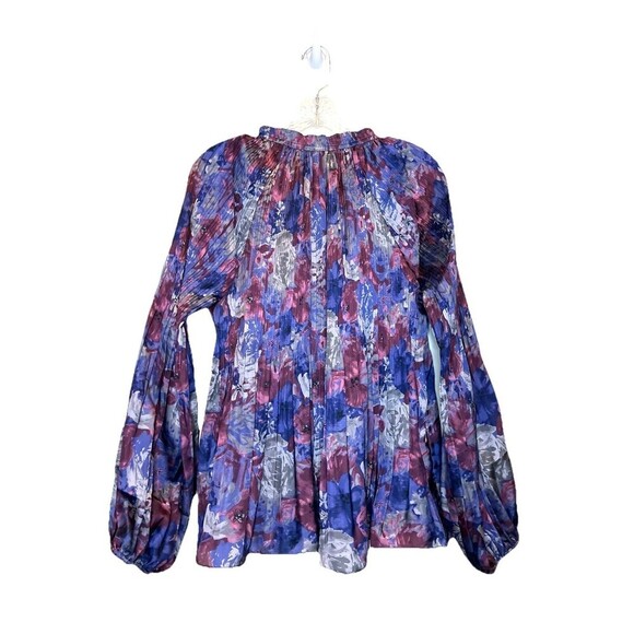 Elie Tahari Floral Pleated V-Neck Blouson Sleeve Peasant Blouse Women Size Large - Picture 2 of 9